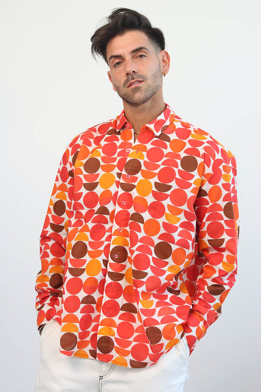 unisex circle print retro print shirt with button front and split back shirt with button down with long sleeves and cuff and collar