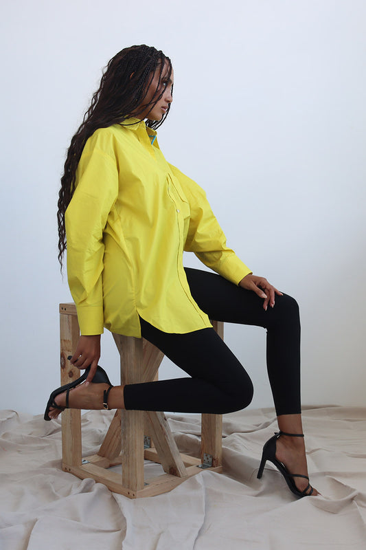 Yellow button down cotton shirt with puff sleeves and cerulean blue trim