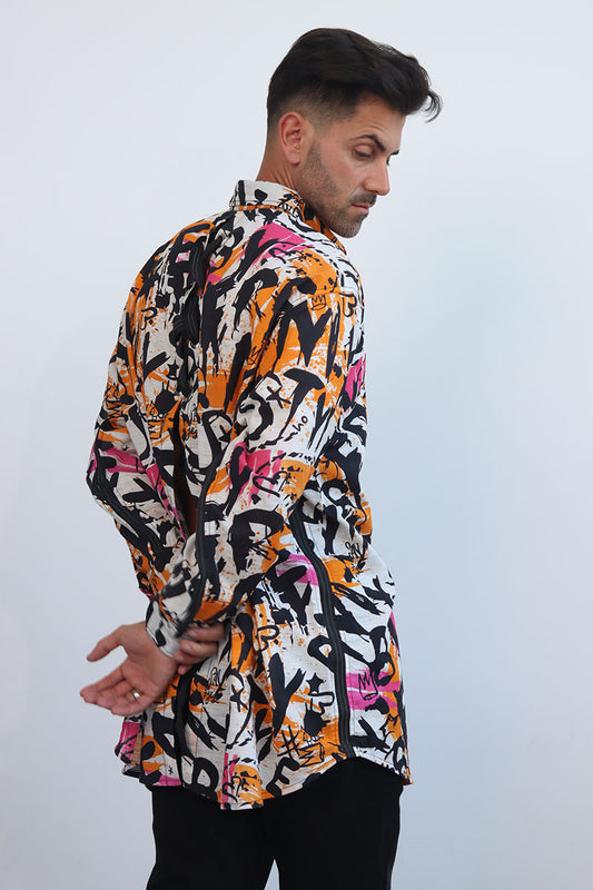 Graffiti print shirt with front button down and full sleeves with black ribbon trims and back tie with eyelets