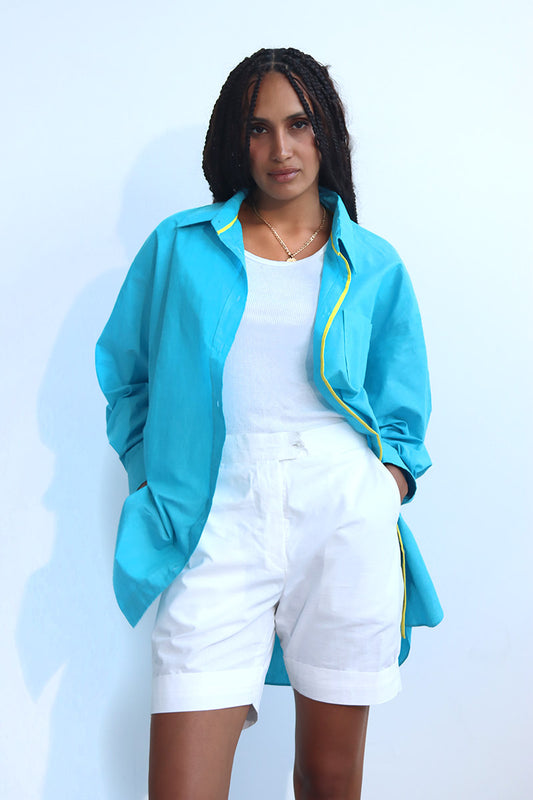 Sky Cerulean Blue button down cotton shirt with puff sleeves and yellow trims
